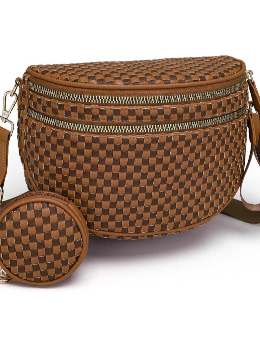 Large Checkered Crossbody Bag Leather Bum Bag with Coin Purse